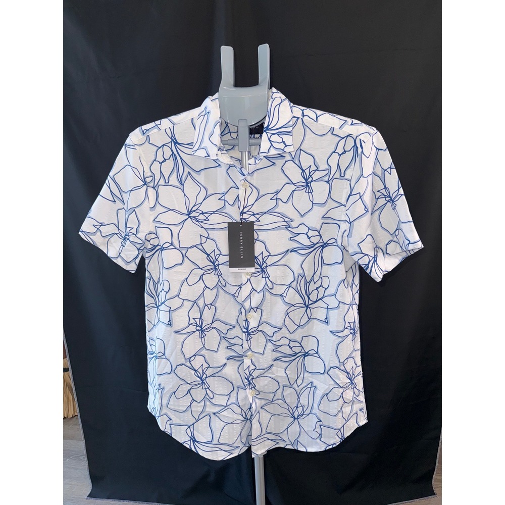 Perry Ellis Mens Slim Fit Short Sleeve Button Up Shirt Blue White Floral size M